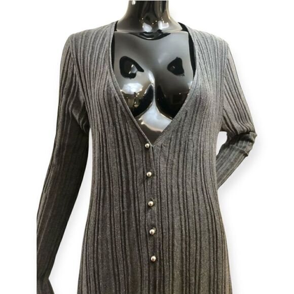 Kerisma Ribbed Deep V Neck Half Button Sweater Dress Size Medium - Picture 2 of 5